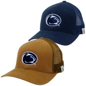 brown and navy Carhartt Tommy hats with Penn State Athletic Logos